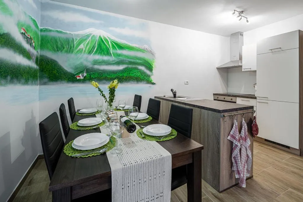 Jedilna miza in kuhinja v apartmaju s teraso